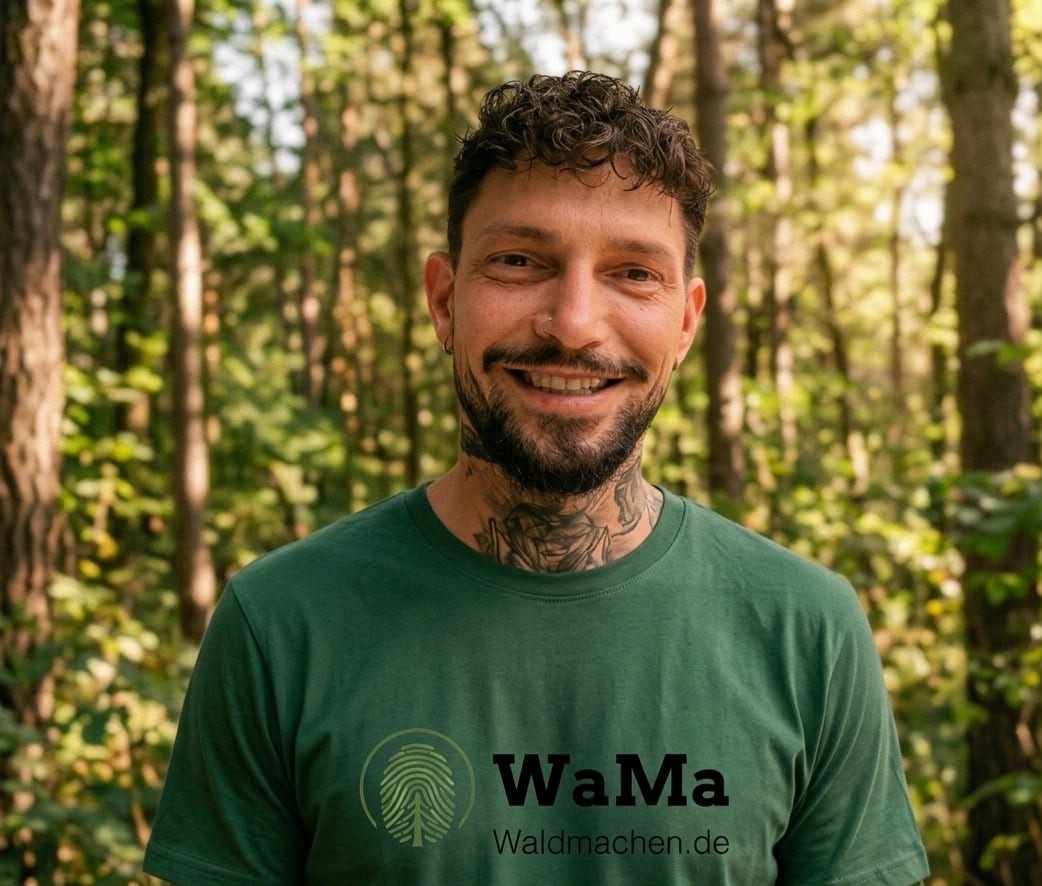 Vereinsmitglied im grünen WaMa-Shirt, lächelnd vor sonnendurchflutetem Laubwald
